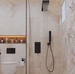 Bathroom with water flowing from the shower: showcasing anti-slip porcelain tiles that ensure safety and prevent slipping