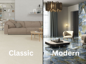 Comparison of modern vs classic home interior design using porcelain tiles: modern design with neutral contemporary tiles vs classic design with intricate traditional tiles