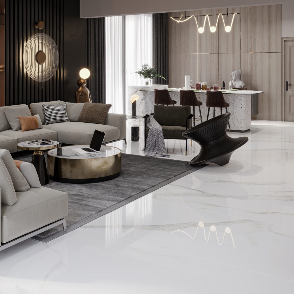 High-quality porcelain tiles from Factory Price elegantly installed in a modern living room, showcasing a sleek and polished finish that enhances the room's aesthetic while offering durability and long-lasting value.